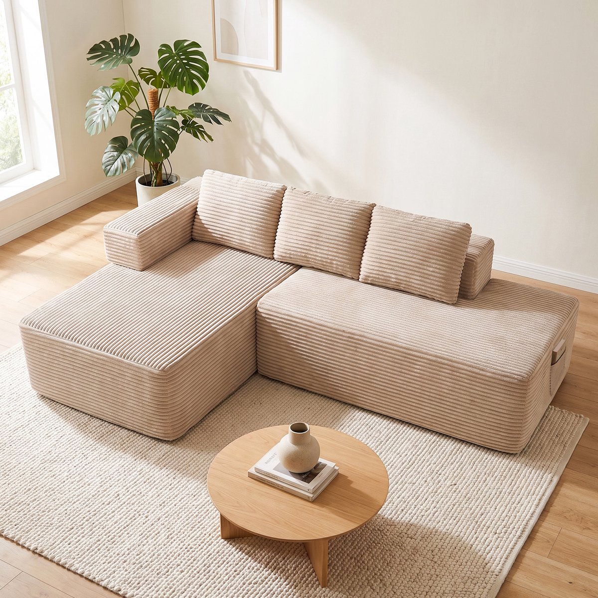 COMHOMA - Hoekbank 228 cm - Corduroy L-vorm met Slaapfunctie - Beige-R