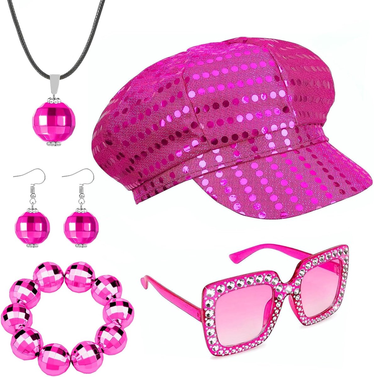 5-delige Disco-verkleedset voor Vrouwen, Disco-feestjurk met Glitter, Hoed in Abba-stijl met Pailletten, Bling-hoed, Zonnebril, Halsketting, Armband, Oorbellen, Disco-accessoires voor Vrouwen