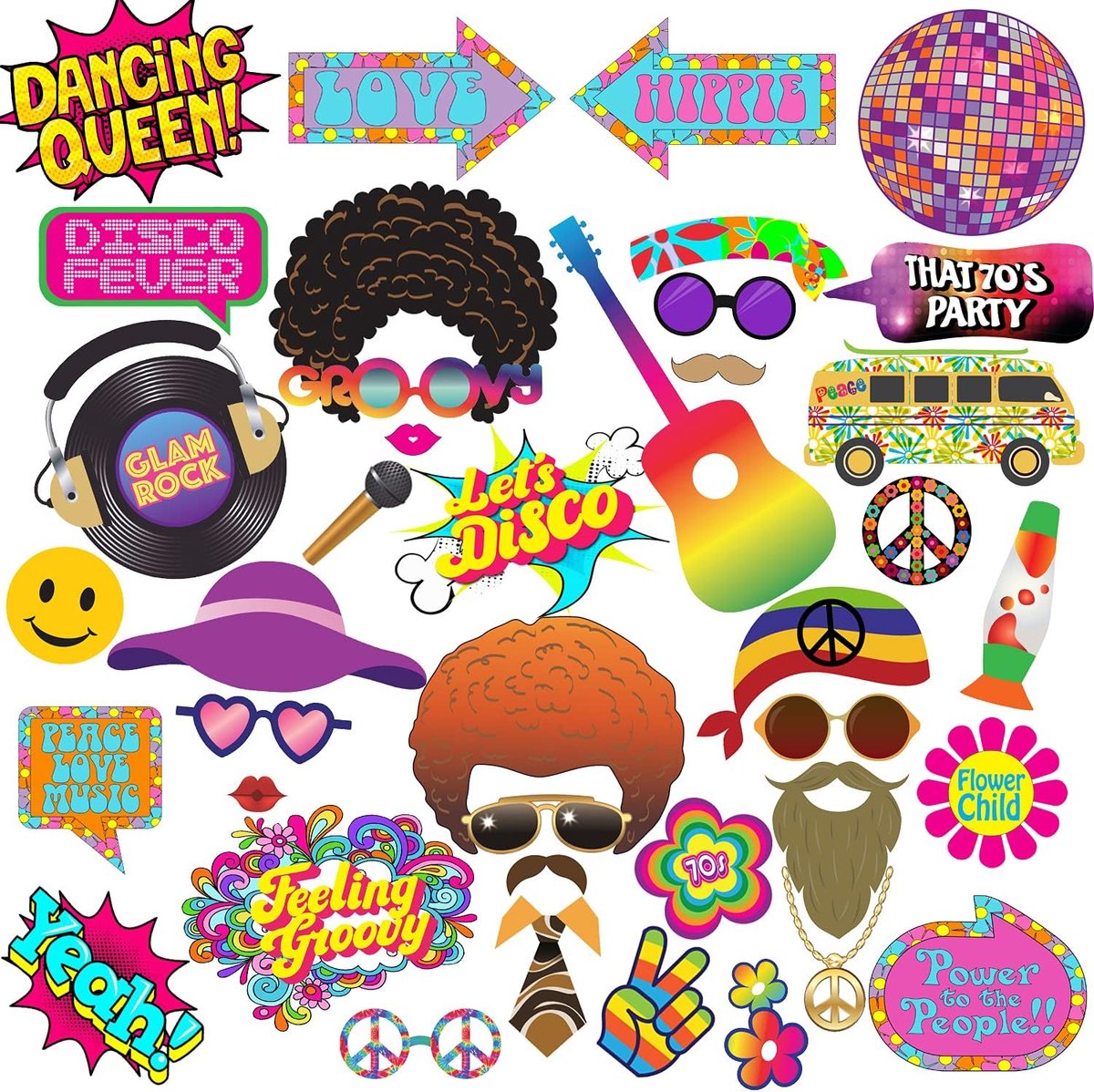 31Pcs 70s Disco Party Photo Props Supplies, Ik hou van 70's, Hippie Party, Geweldig voor verjaardagsfeesten, Proms etc