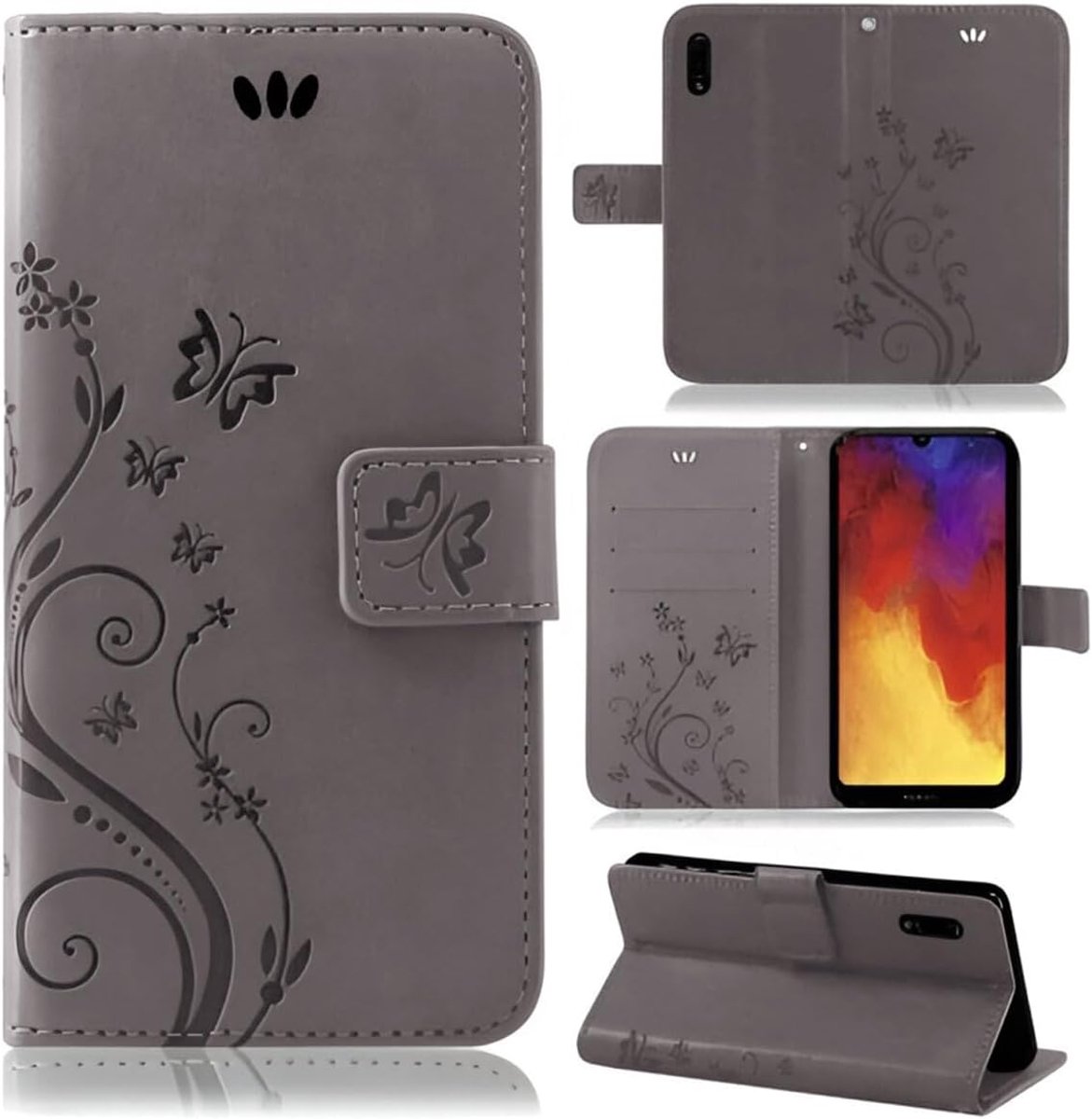 Betterfon | Flower Case mobiele telefoon beschermhoes bloemen klaphoesje mobiele telefoon shell voor Huawei Y6 2019 grijs