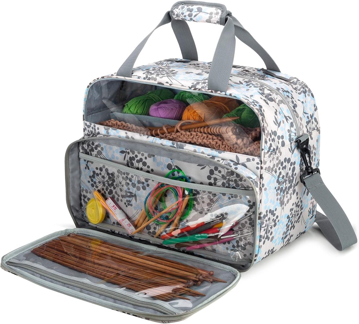 Opbergtas voor wol, draagtas voor wolbollen en draden, met meerdere vakken voor breinaalden en andere breiaccessoires, paardenbloem