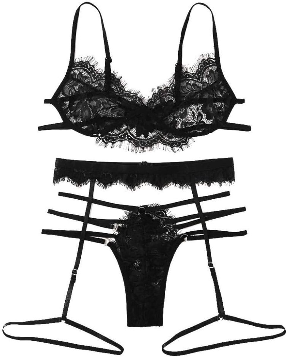 Lingerie Dameslingerie Sexy set kanten Kimono nachtkledingVrouwen Sexy Kanten Beha Bandage String Kousenband Nachtkleding Zwarte Lingerie Set S-XL kanten lingerie set lungerie sexy