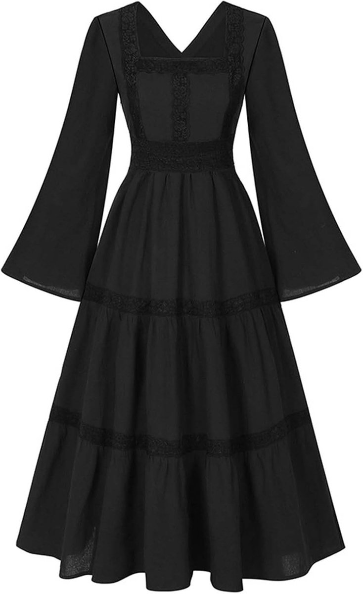 Lange jurk van kant met uitlopende mouwen voor dames, vierkante hals, bloemenkant, cosplay-jurk