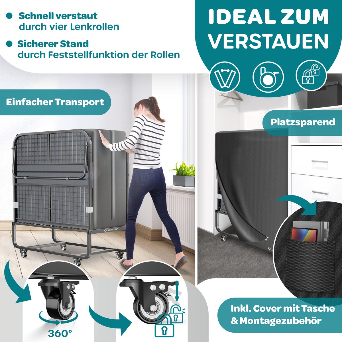 KESSER® Opklapbed 200 x 90 cm - Logeerbed met traagschuimmatras - Tot 250 kg - Antraciet Deluxe Plus thumbnail 2