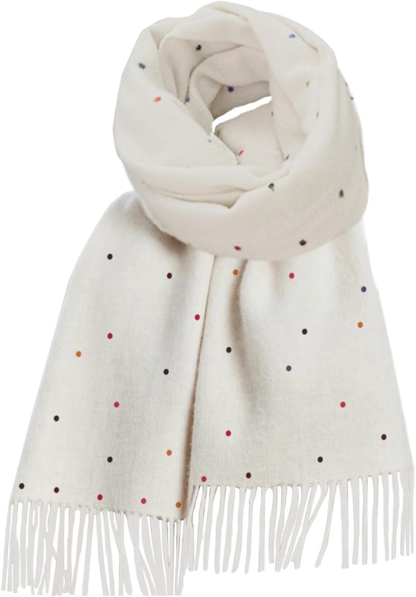 Sjaals en sjaals voor dames van imitatie kasjmier, sjaal met franjes, kleurrijke stippen, grote sjaal voor dames, winter, warm, modieus, elegant, zacht, melkwit, 180 x 68 cm