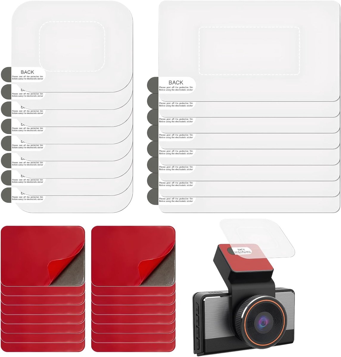 Set van 16 zelfklevende kussentjes en folie voor dashcams;de dubbelzijdige kussentjes zijn voorzien van antistatische folie en dienen voor de bevestiging van de dashcam op de voorruit het dashboard.