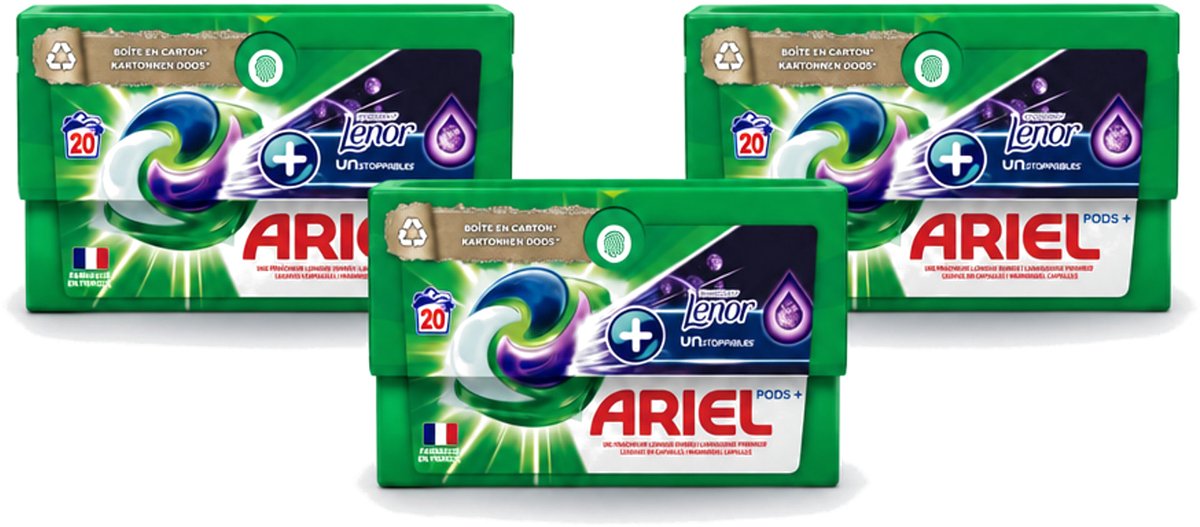 3 x Ariel Original - Touch of Lenor Unstoppables - Wasmiddelcapsules - Pods+ - Witte en Gekleurde Was - 20 Wasbeurten - Voordeelverpakking - 3 stuks