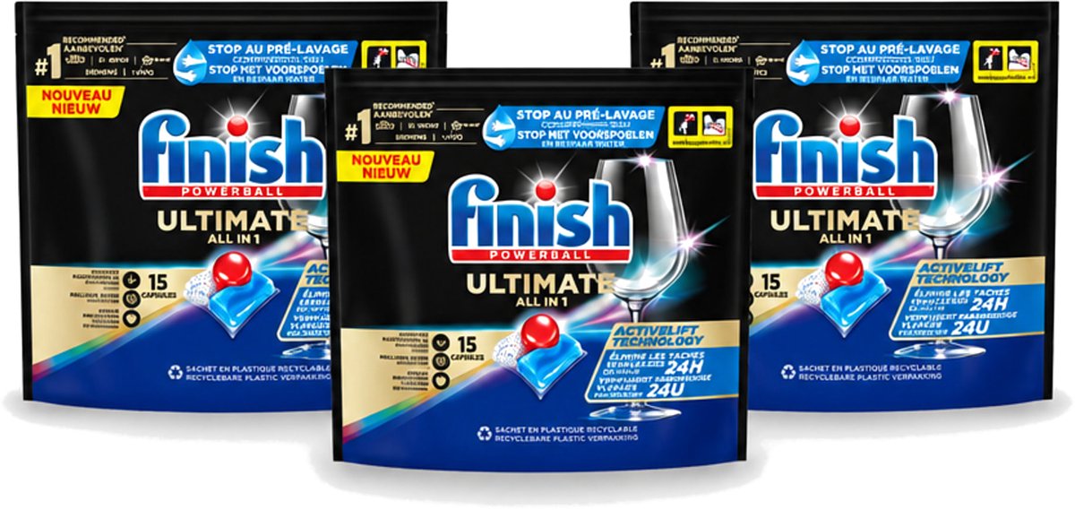 3 x Finish Powerball - Ultimate All in 1 - Vaatwastabletten - Activelift - 15 Capsules - Voordeelverpakking - 3 stuks