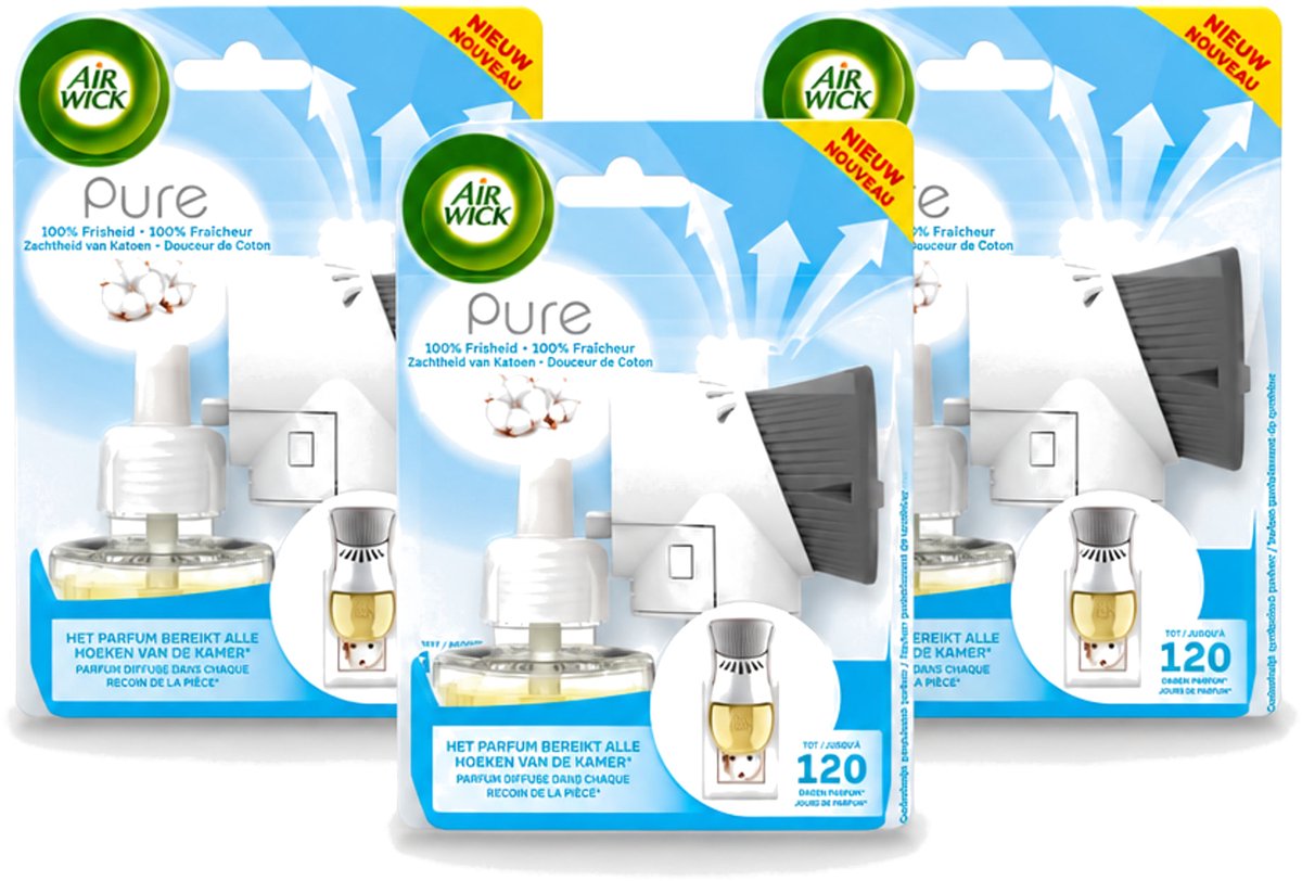 3 x Air Wick Elektrische Geurverspreider - Starterkit - Pure Zachtheid van Katoen - 19ml - Bulkverpakking - 3 stuks