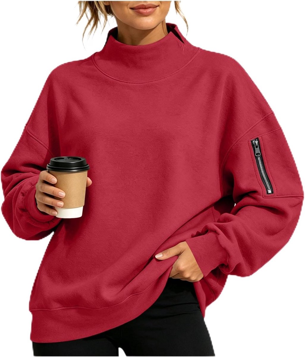 Oversized Sweatshirt zonder Kap, Steekkraag, Lange Mouwen, Zak met Rits