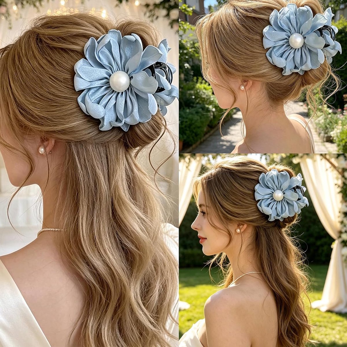 2 stuks bloemen haarset dames haarklauw clip parel satijn rozen haarelastiek Franse haaraccessoires voor dagelijks gebruik bruiloft bruidsmeisjes avond kantoor haaraccessoire cadeau vrouwen
