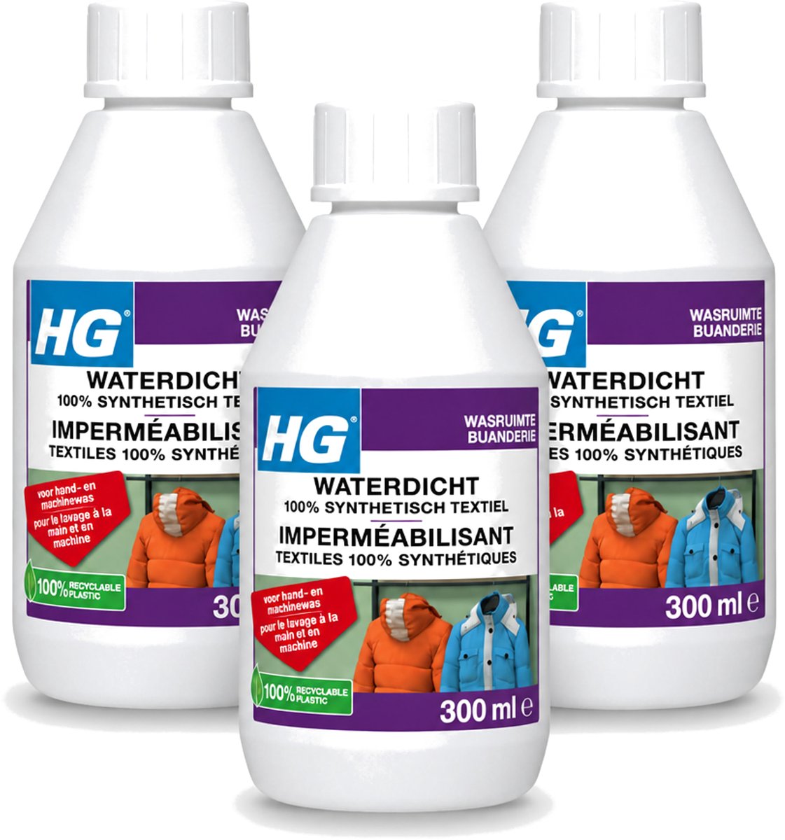 3 x HG - Wasruimte - Waterdicht 100% Synthetisch Textiel - Voor Hand & Machine Was - 300 ml - Voordeelverpakking - 3 stuks