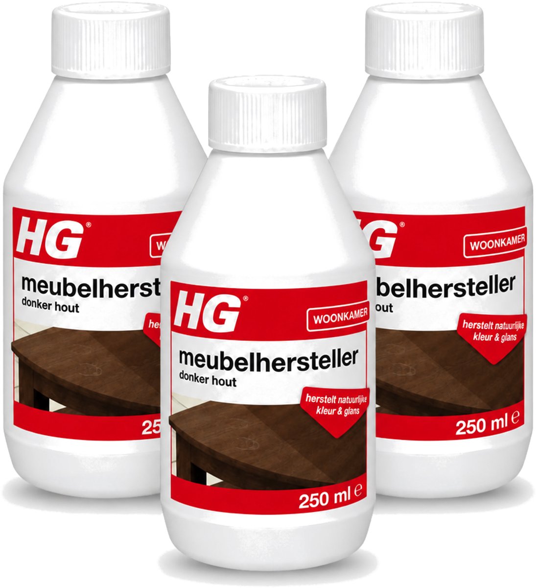 3 x HG - Meubelhersteller - Donker Hout - Herstelt Natuurlijke Kleur & Glans - 250 ml - Voordeelverpakking - 3 stuks