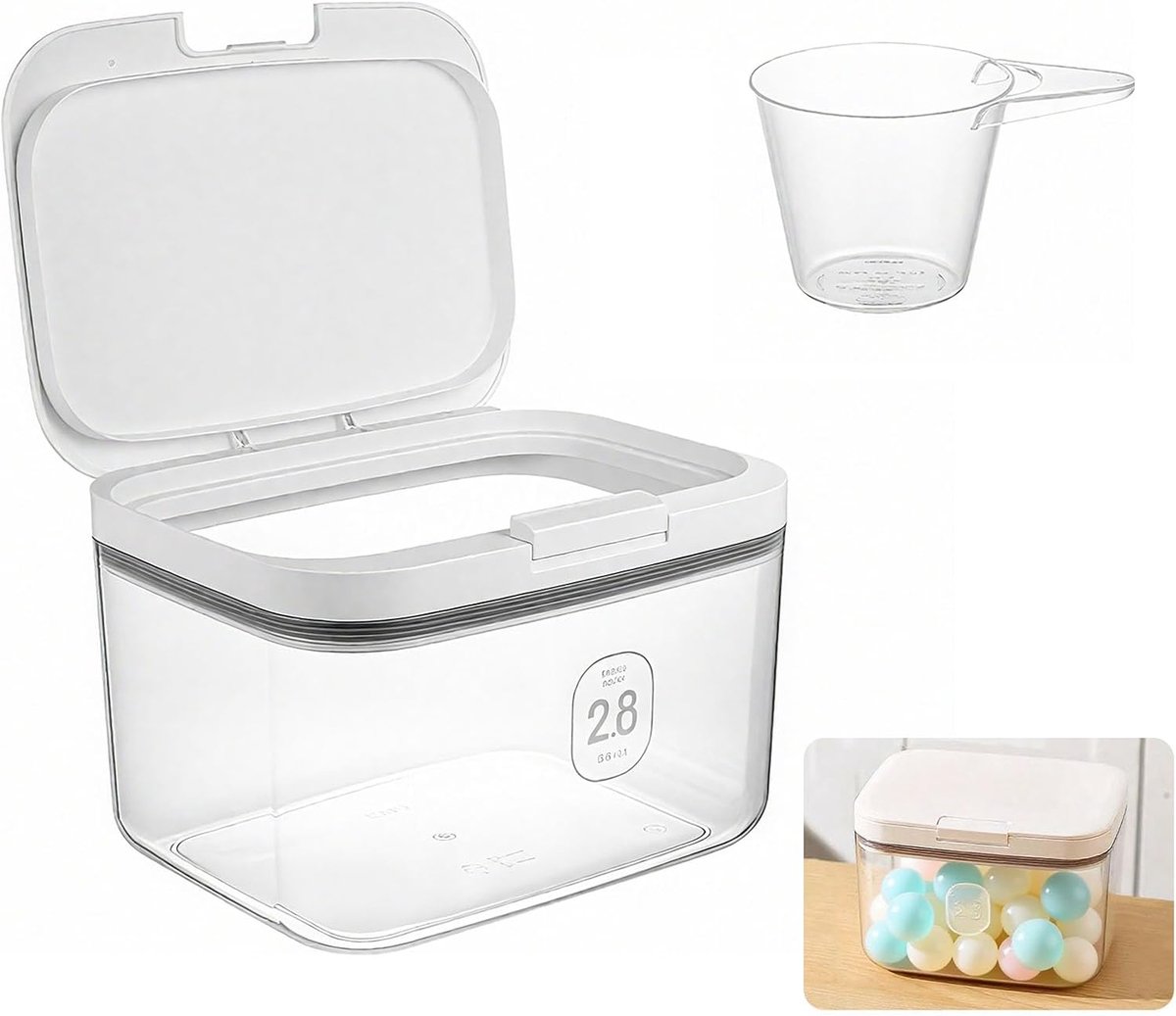 Waspoederopbergdoos met maatbeker, wasmiddelcontainer met luchtdicht deksel, waspoeder-organizer, kliksluitingen, voorraaddozen voor waspoeder, meel, hondenvoer, kattenvoer, 2,8 liter