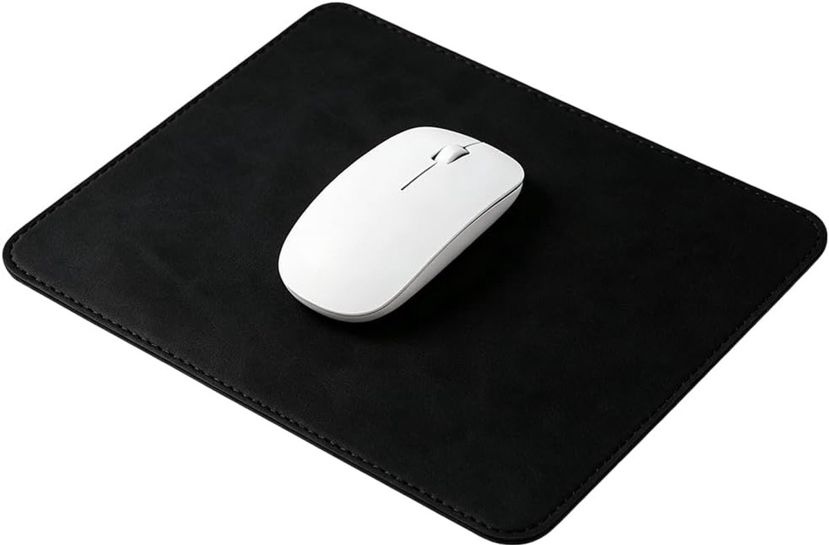 Muismat van leer, waterdicht, rechthoekig, antislip, kurkbasis, computermuismat met genaaide rand, voor kantoor, thuis, draadloos, bekabeld, gaming, pc, laptop, 25,4 x 21 cm (zwart)