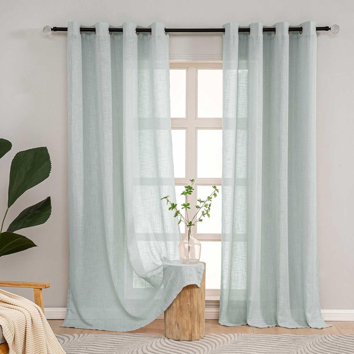 Gordijnen lichtgroen semi-transparant, 90 inch val (225 cm) linnen-look gordijn voor woonkamer slaapkamer ramen, zwaargewicht pastelgroene gaasgordijnen met oogjes, 2 panelen set netgordijnen