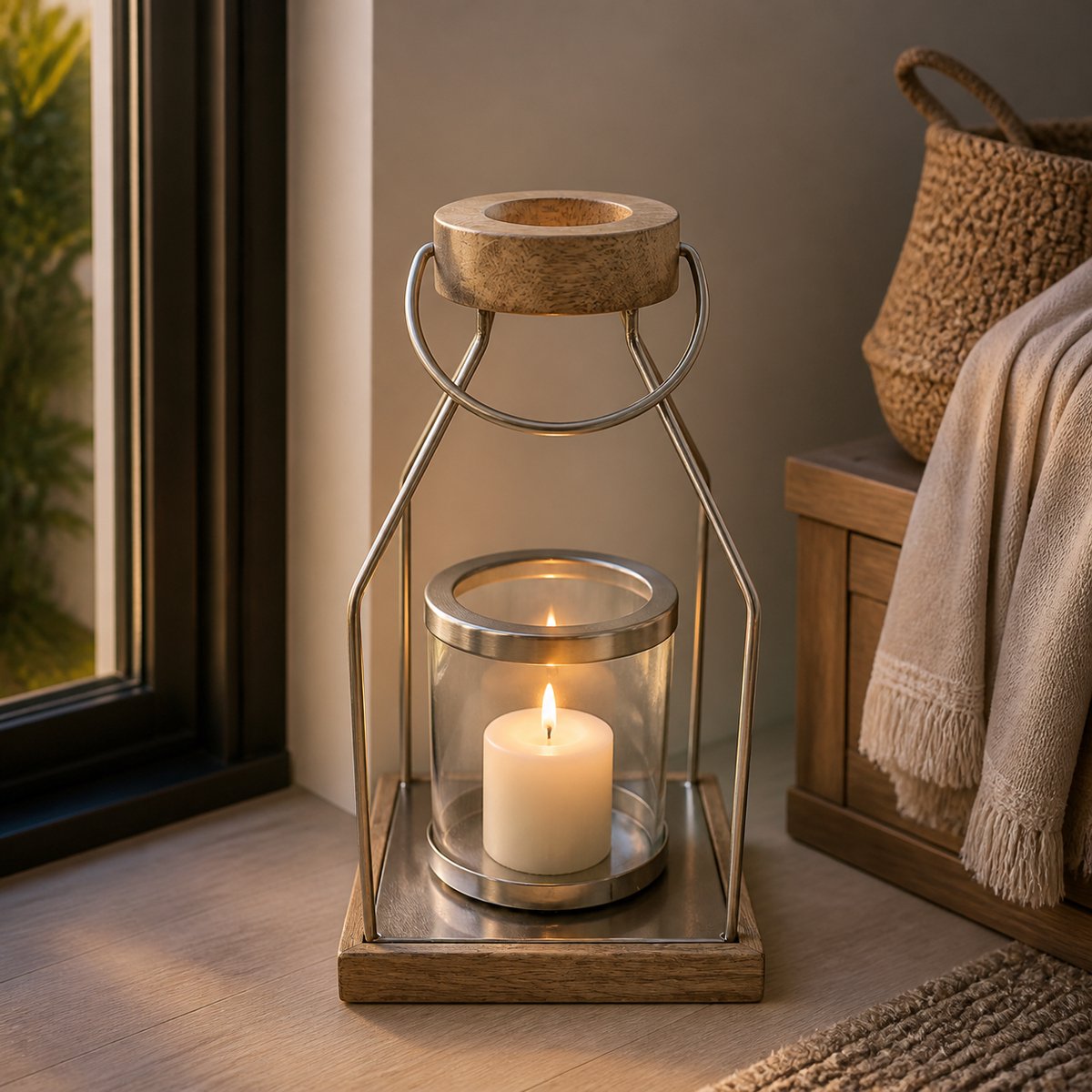 Hoppa! Windlicht - Met Houten Accenten - Naturel/Nikkel - 20 x 20 x 34 (B x D x H)