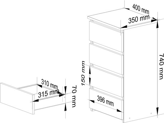 Technische tekening van een ladekast met afmetingen in millimeters. Vier lades, deels geopend.