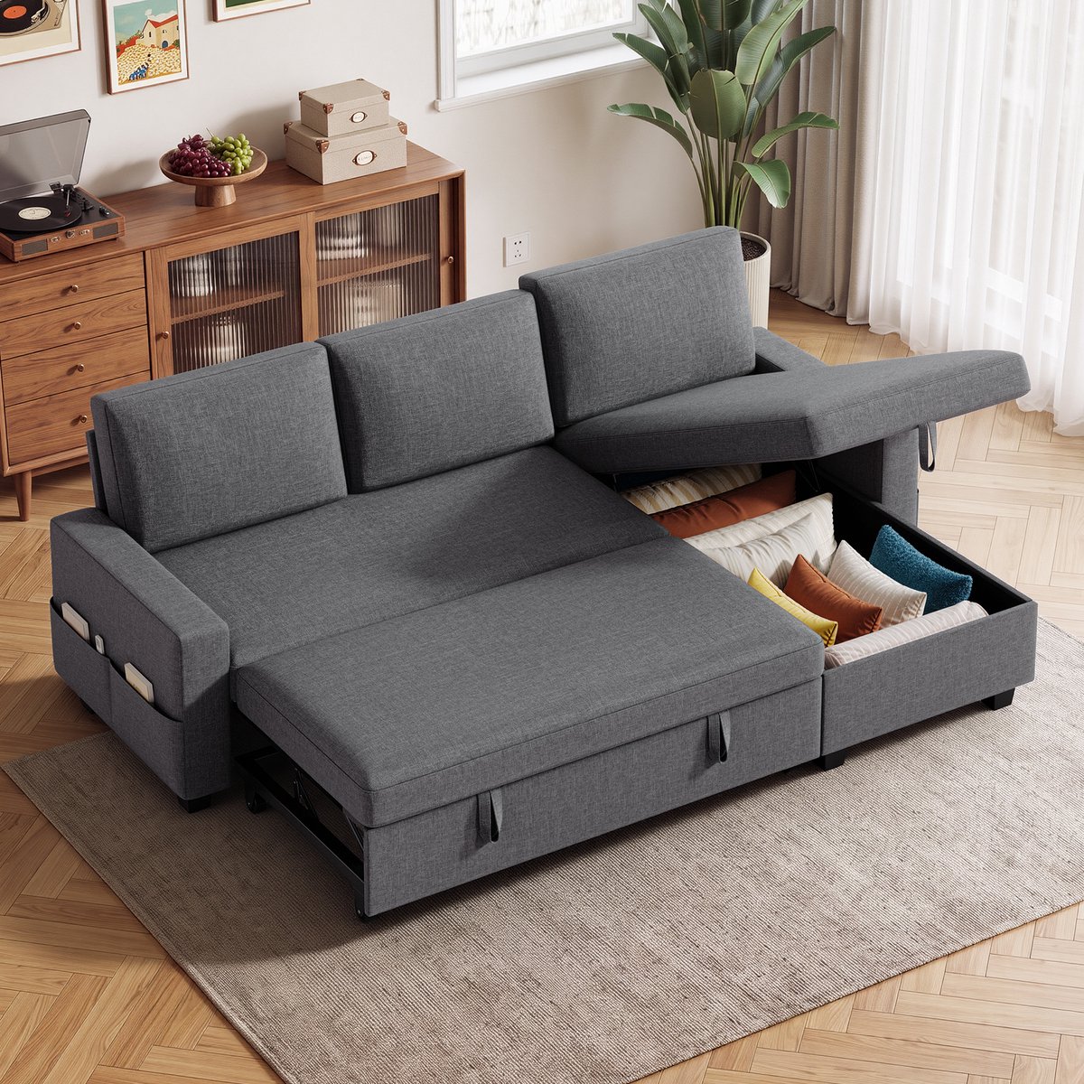 Bealife AR49 Hoekbank - met Slaapfunctie en Opbergruimte - Omkeerbare Chaise Longue - 205 x 112 cm - Donkergrijs