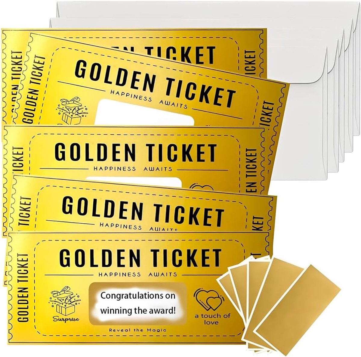 5 stuks gouden krasloten – doe-het-zelf-krasloten met stickers en VIP-verrassingszakjes voor de bioscoop, op reis en voor verjaardagen