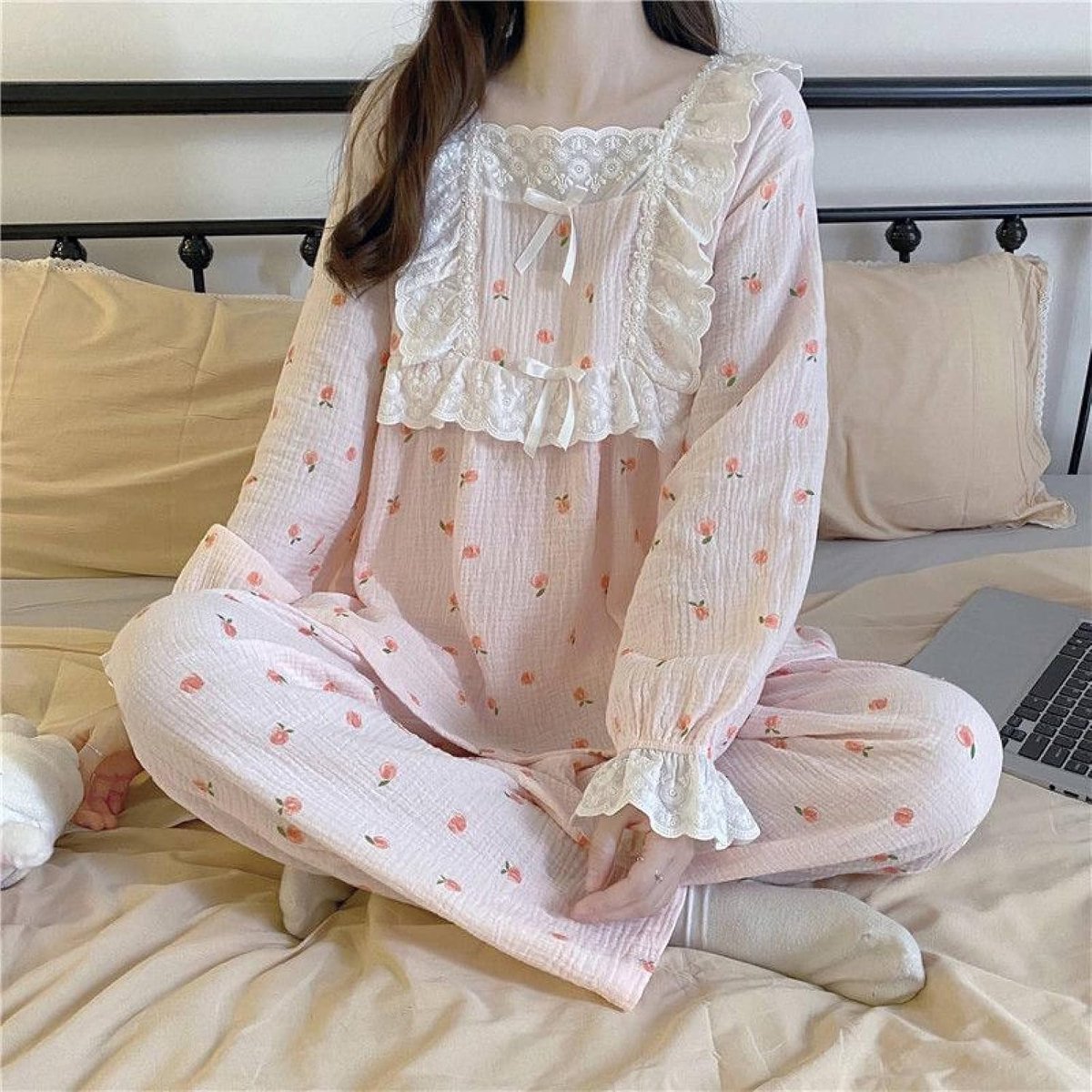 Katoen Loungewear Set - Lente Vierkante Kraag Retro Paleis Stijl Zoete Prinses Stijl Bloemen Pyjama Set, Losse Populaire Zachte Chique Lange Mouwen Lange Broek Nachtkleding Dames Homewear Kledi
