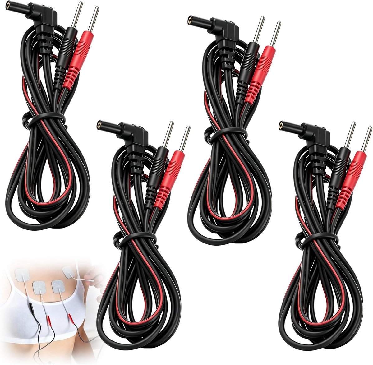 4 stuks TENS EMS-reservekabel met 2 mm pin-connectoren, flexibele elektrodenkabel, accessoires voor elektrotherapie