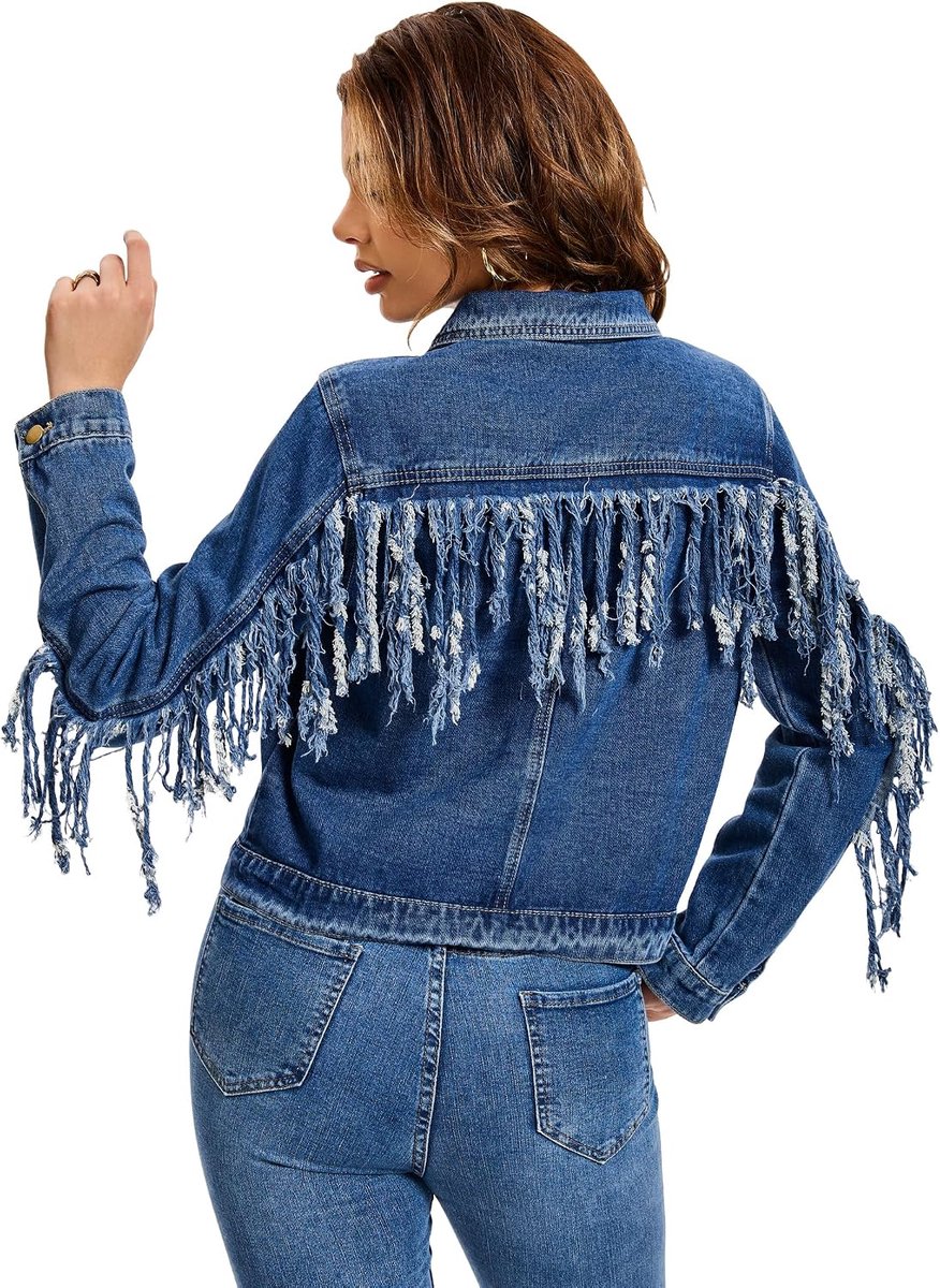 Jeansjas met franjes voor dames, country-concert-outfit, western-cowgirl-stijl, jeansjas met kwastjes