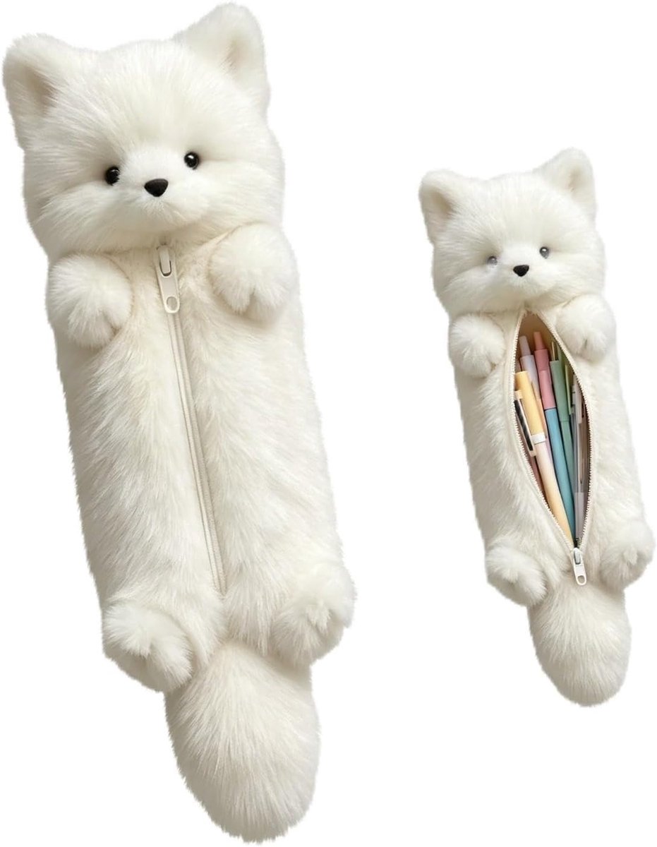 Etui vos, knuffelzacht etui voor meisjes en jongens, wit, Pennenetui in de vorm van een vos