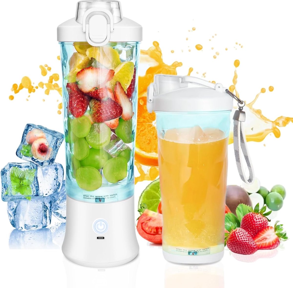 Mixer/mini-blender, 600 ml, USB-oplaadbaar, blender met bekerdeksel, 6 messen, draadloze persoonlijke mixer, BPA-vrije smoothiemaker voor buiten, sport, wit