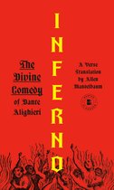 Boekomslag: Inferno, De Goddelijke Komedie van Dante Alighieri, een vertaling van Allen Mandelbaum, met gele tekst op een rode achtergrond met vlammen en figuren.