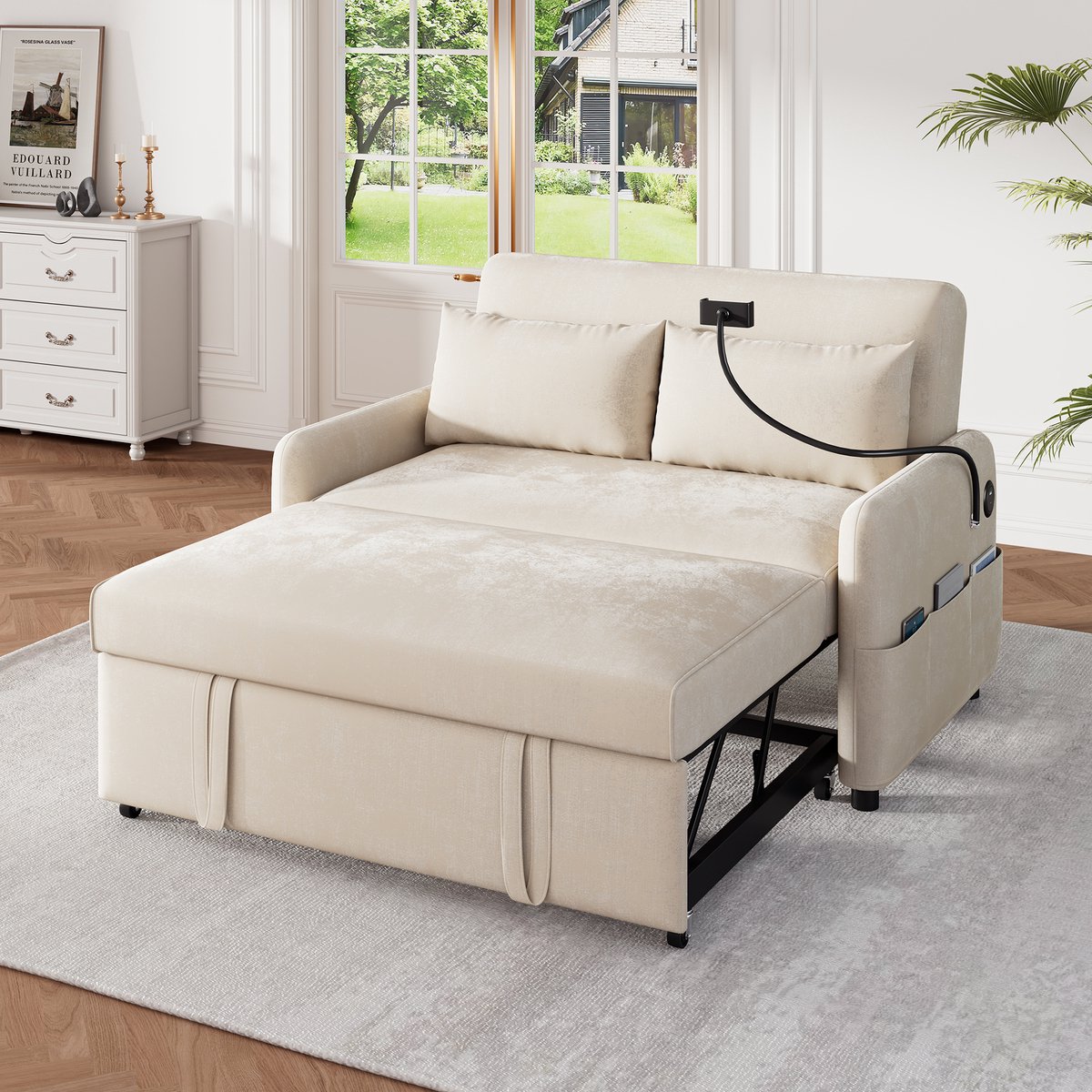 Slaapbank - 129 x 76 x 81 cm - chenille bekleding - met slaapfunctie - met verstelbare rugleuning - met opbergruimte - met USB-aansluiting - Beige