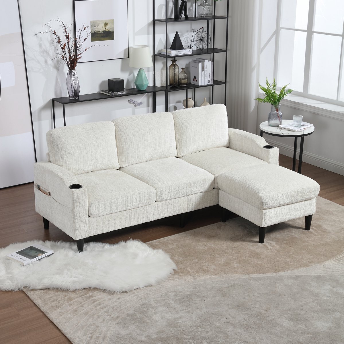 4-zits zitbank - 196,5 x 75 x 77 cm - chenille bekleding - met opbergruimte - modulair samen te stellen - met bekerhouders - met armleuningen - Beige
