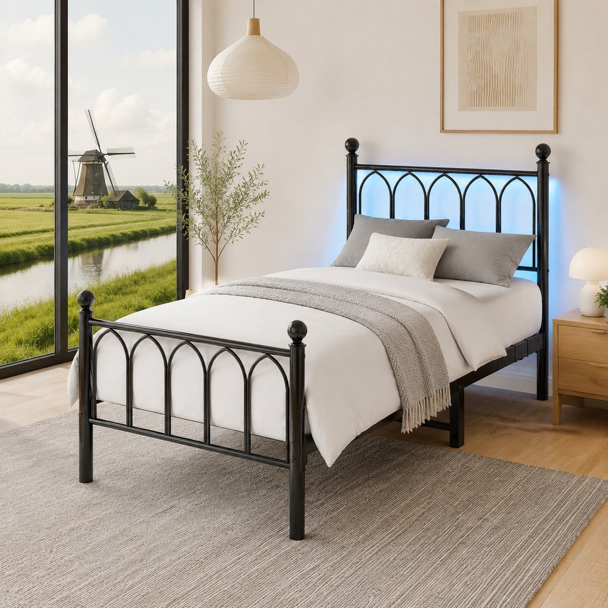WUVRIE Metalen bedframe 90x200 cm zwart met LED, USB oplaadstation, lattenbodem en opbergruimte
