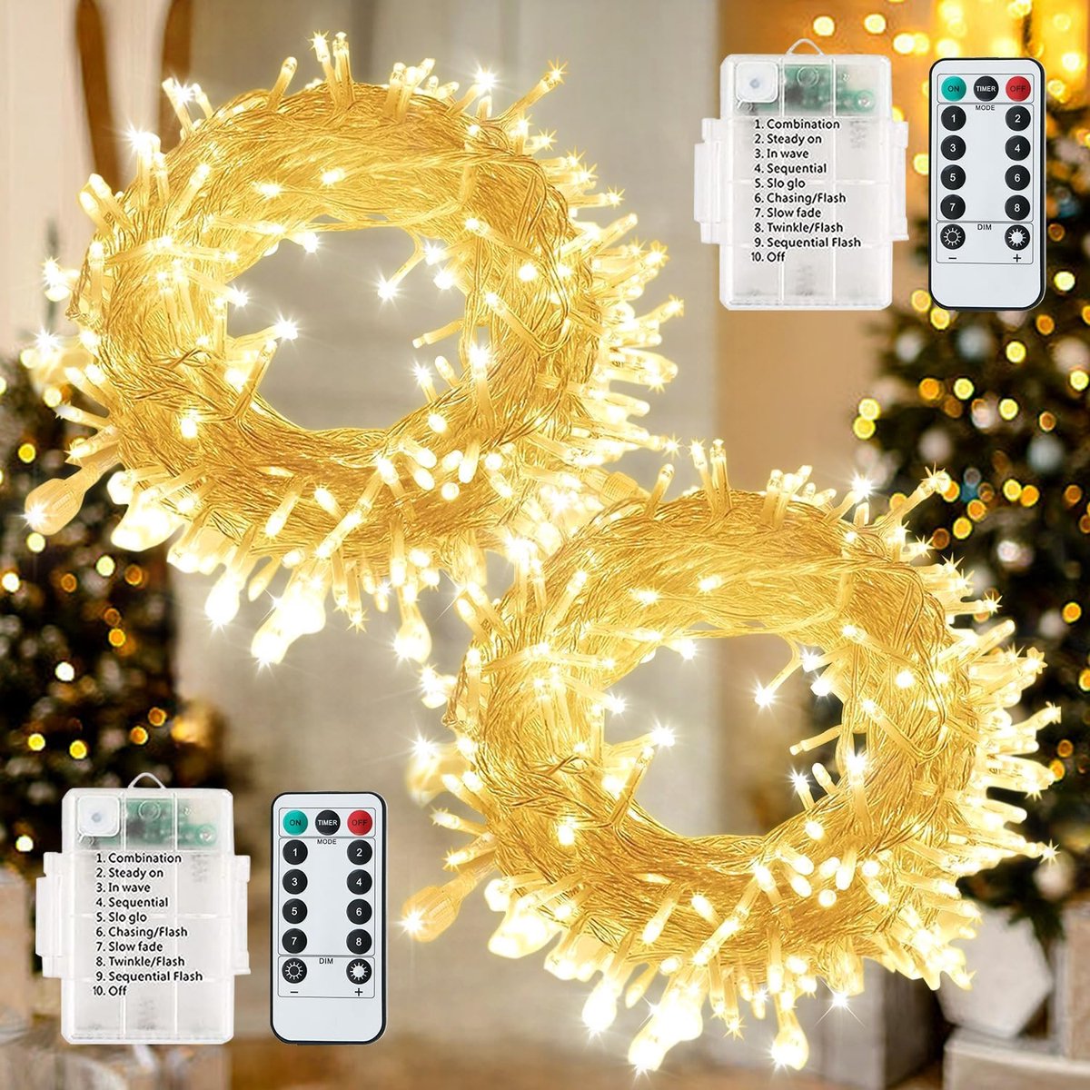 Lichtsnoer 7m - 2 stuks 60 LED - Op Batterijen - IP65 Waterdicht - Afstandsbediening - Kerst