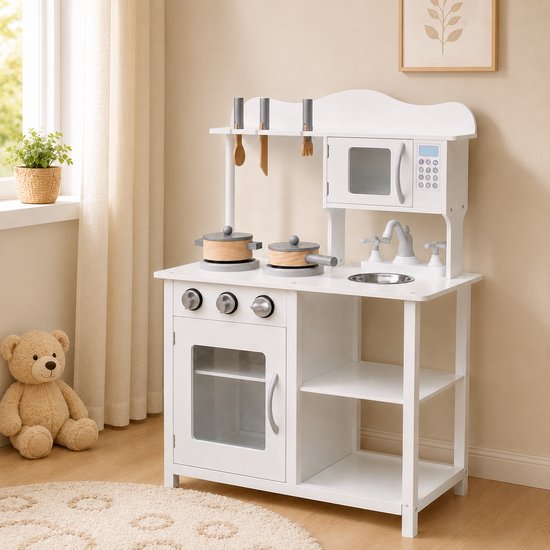 Maxx kidz - Houten Speelgoed Keuken - Complete Speelkeuken - Wit Keukentje - Stevige Kinderkeuken met Accessoires - Speelgoedkeuken met Pannetjes en Bestek