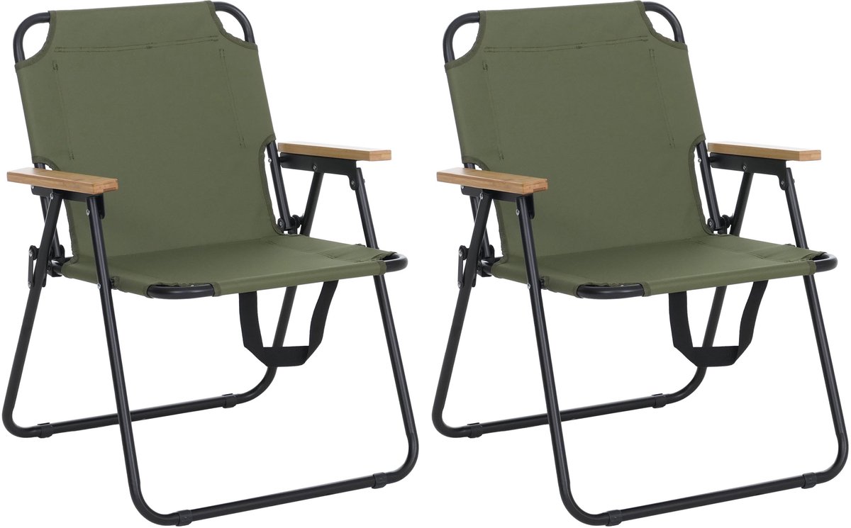 Set van 2 campingstoelen MCW-Q43, tuinstoel, balkonstoel, vrijetijdsstoel, opvouwbaar, bamboe, metaal, stof/textiel ~ groen
