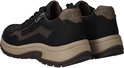 Achterkant van zwarte Rieker veterschoenen met rits, bruine accenten en beige zolen.