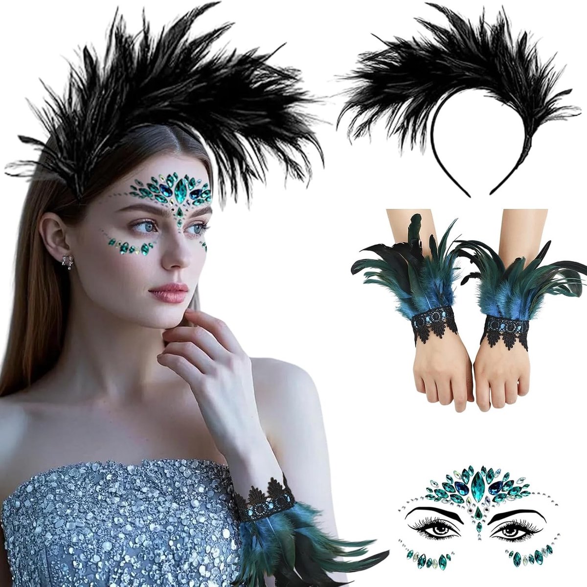 Gothic Feestkostuum voor Meisjes met Veren, Peacocks, Haarband, Armbanden en Tattoo Accessoires voor Carnaval en Halloween Cosplay