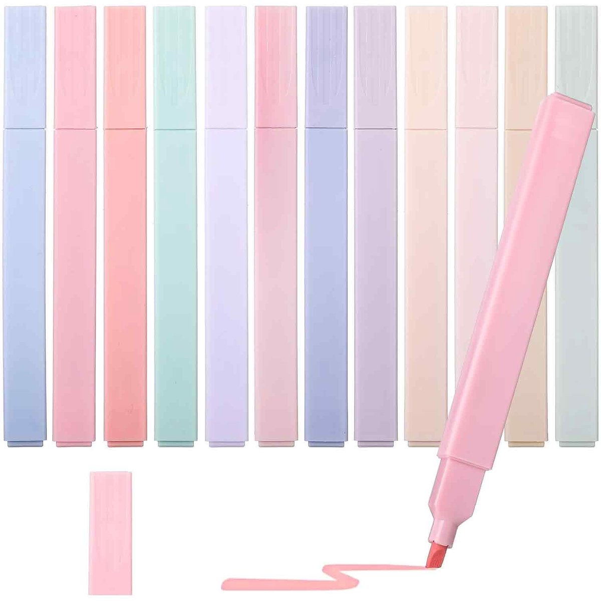 Set van 12 Dubbelzijdige Markeerstiften - Aesthetic Pastelkleuren - Highlighters met Twee Punten - Niet Doordrukkend - Vierkante Punt - Voor Journal, Planner, Notities, School en Kantoor