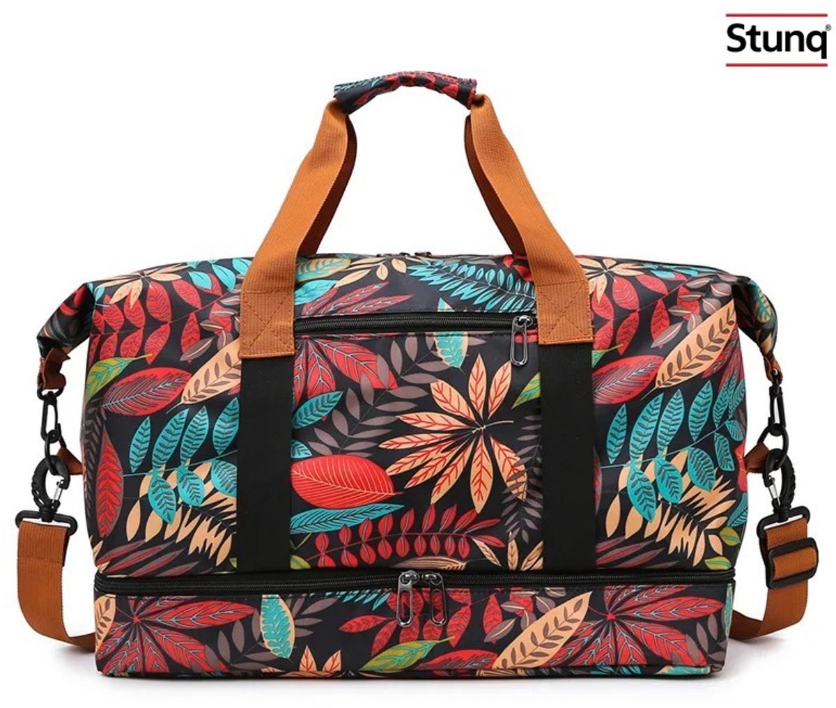Stunq® Tropische bladprint reistas met schoenencompartiment, grote capaciteit, weekendtas voor korte reizen en fitness - donker
