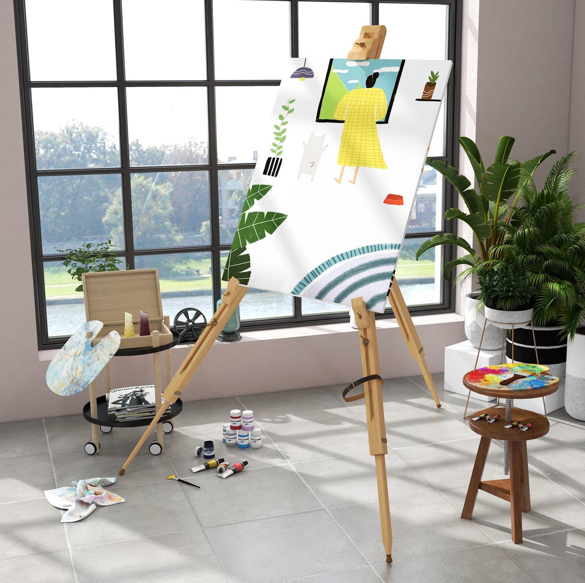 REDOM - Schildersezel - Verstelbare driepoot - Volledig inklapbaar - Draagbaar - Voor atelier, woonkamer en buiten - Hout - Natuurlijk hout - 93 x 84 x 183 cm