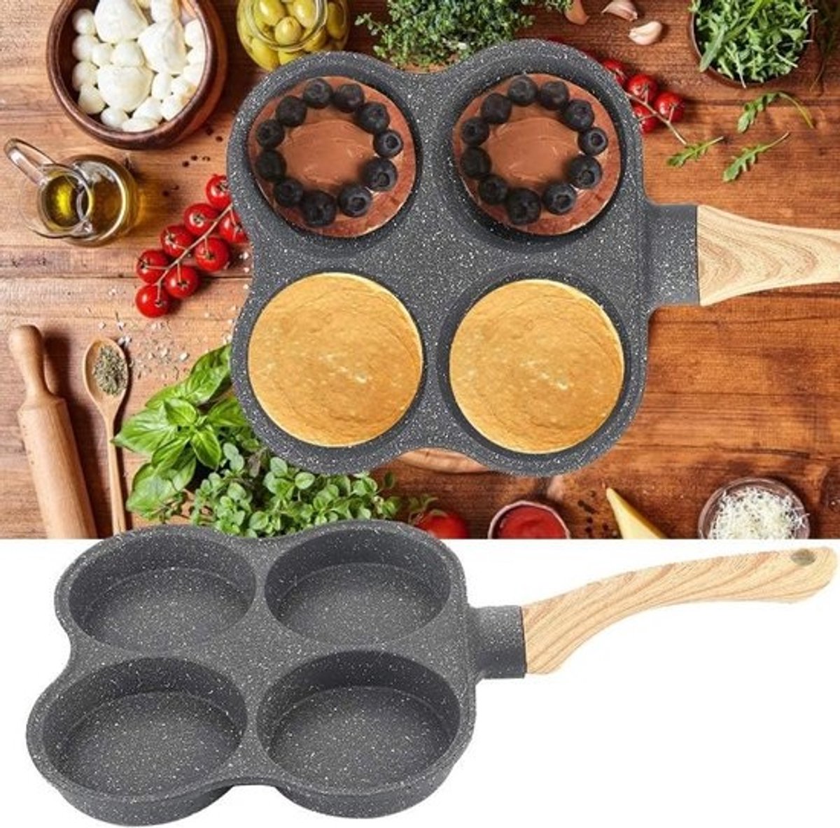 Omelet Pan - Koekenpan Pannenkoekmaker - Ontbijt Bakken - Antiaanbaklaag Vier Gaten - Niet gespecificeerd - Zwart