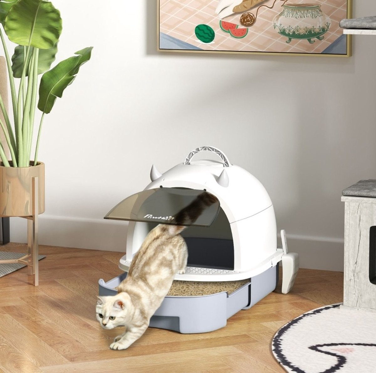 MODFU-Gesloten Kattenbak-Met Deksel-Bodemlade-Met Schep-Grijs