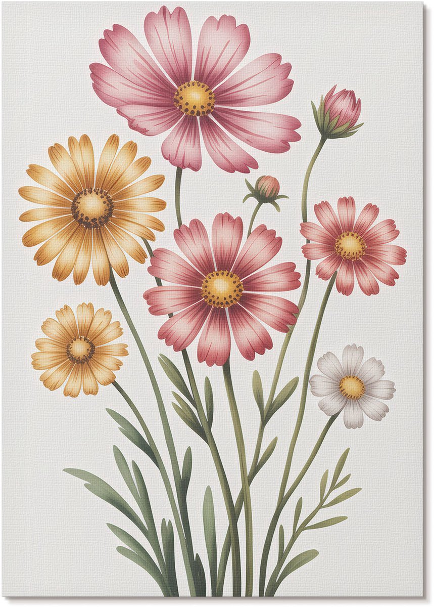 Tulup Polycanvas Wandposter - Kleurrijke Bloemen, Schilderen - A4 - Roze Wandposter - Rechthoek - Canvasposter - Woonkamer, Slaapkamer, Kantoor - Klassiek