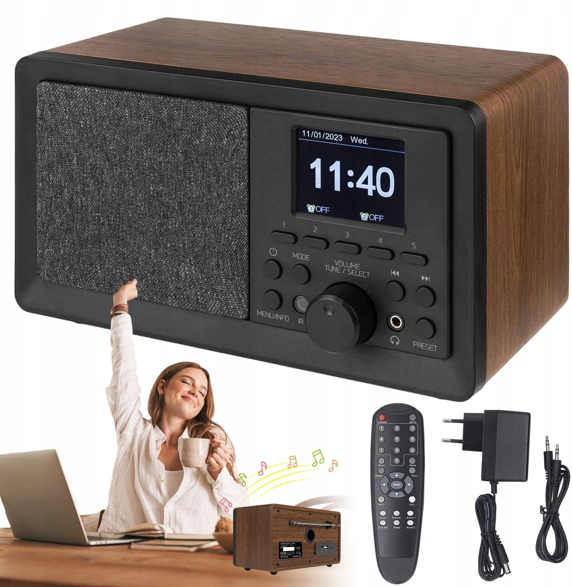 DAB/FM Radio - Draagbare Radio - Houten Retro Ontwerp - Bluetooth 5.0 - Dubbele Wekker & Slaaptimer - USB/AUX/3,5mm - 30 Zenders - met Afstandsbediening - Draadloze Radio - Voor Thuis & Bureau & Keuken & Slaapkamer