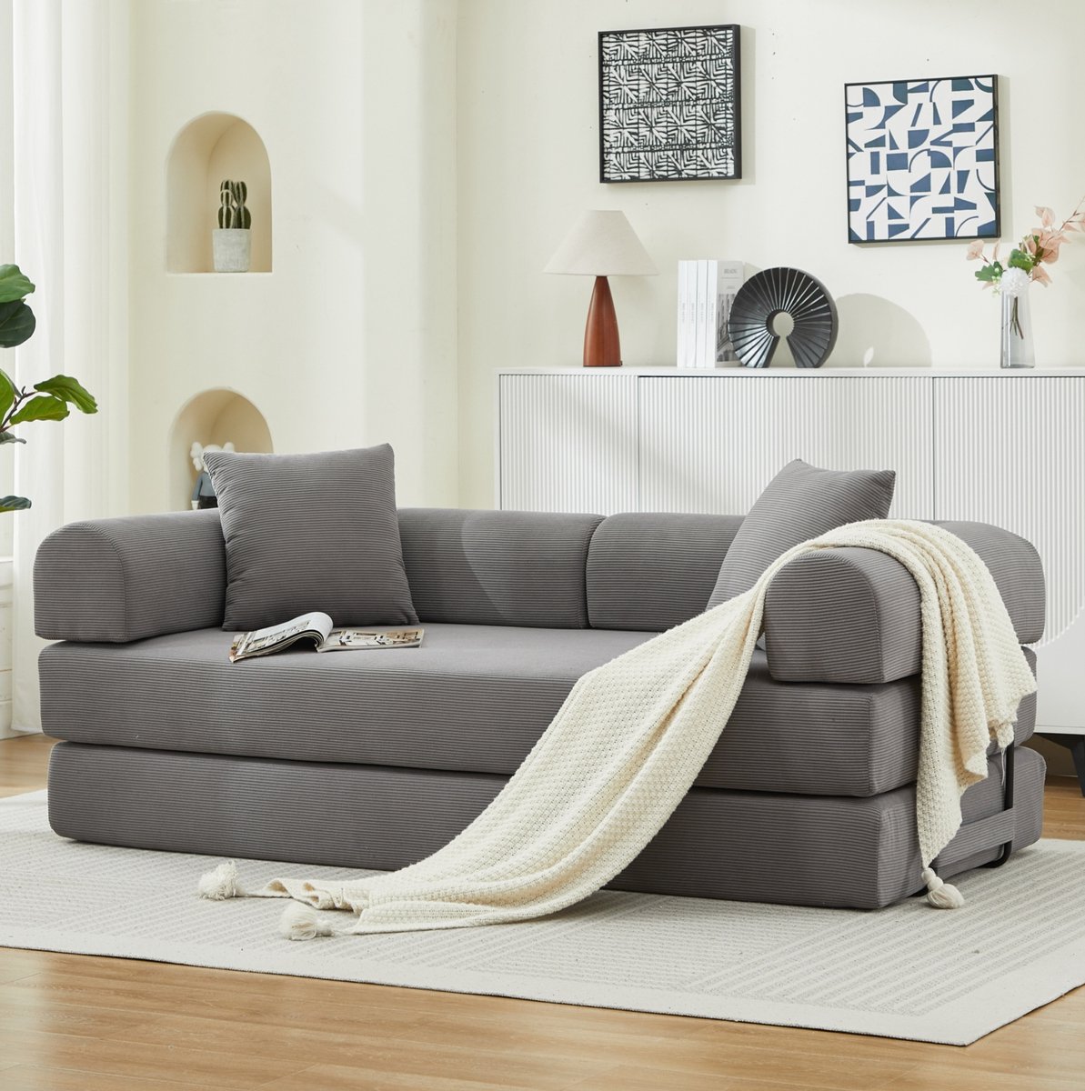 OKWISH Slaapbank 3-zits 200 x 90 x 75 cm - Uitklapbaar Sofa Bed Met 2 Kussens - Voor Woonkamer, Kantoor En Appartement - Stof - Grijs