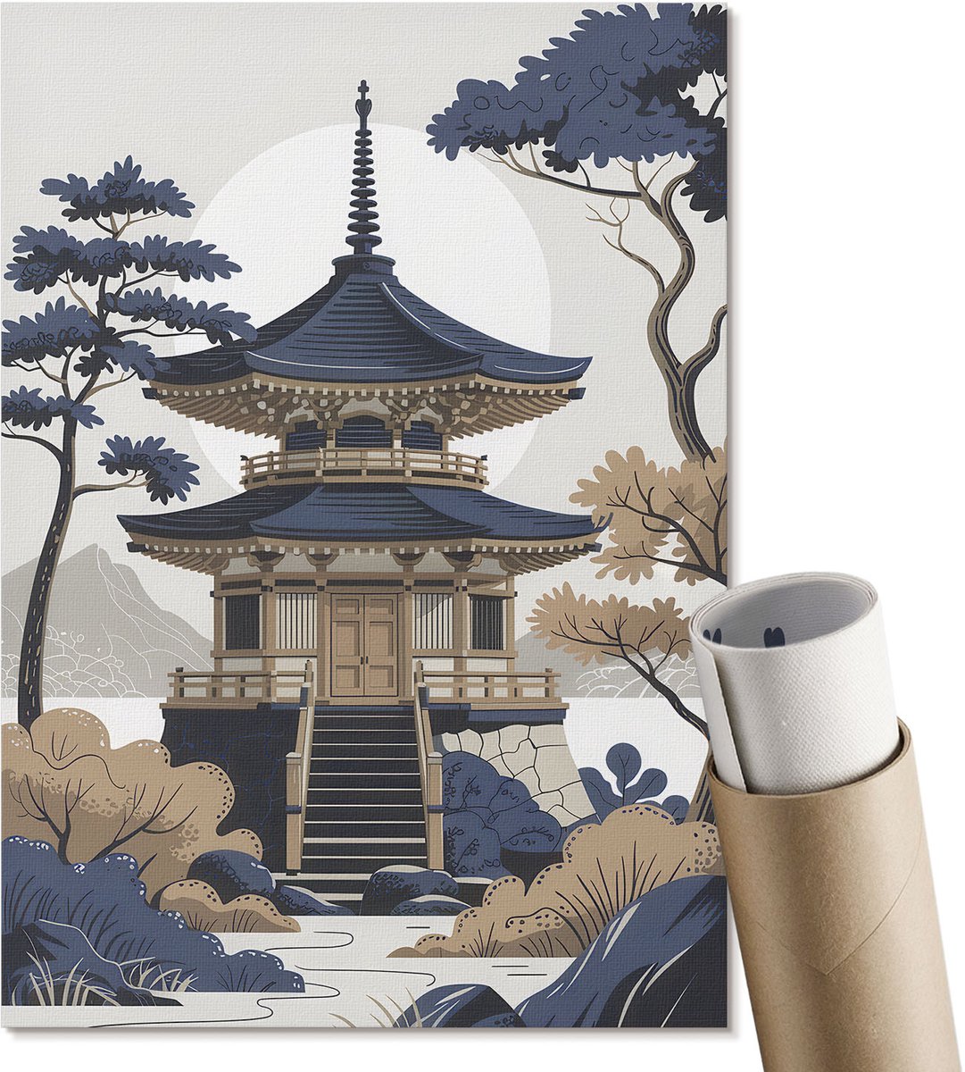 Coloray Polycanvas Wandposter - Japanse Tempel, Illustratie - A4 - Beige Motief - Rechthoek - Interieurdecoratie - Woonkamer, Slaapkamer, Kantoor - Japanse