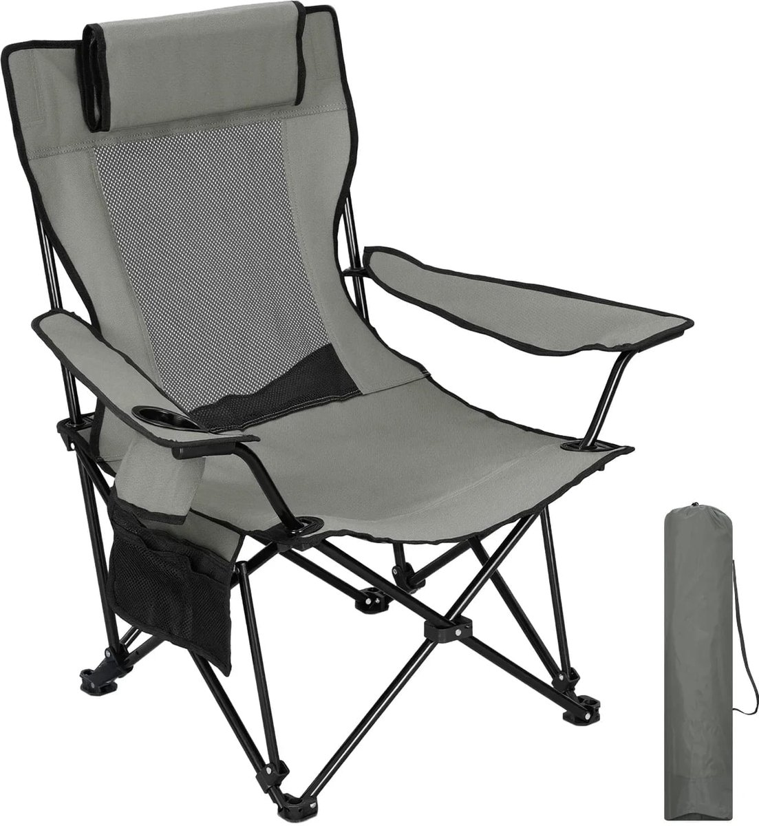 Klarven® Campingstoel Grijs - Opklapbare campingstoel - Verstelbare rugleuning 3 standen, Drankenhouder en zijvak - B 89 x D 81 x H 48 cm