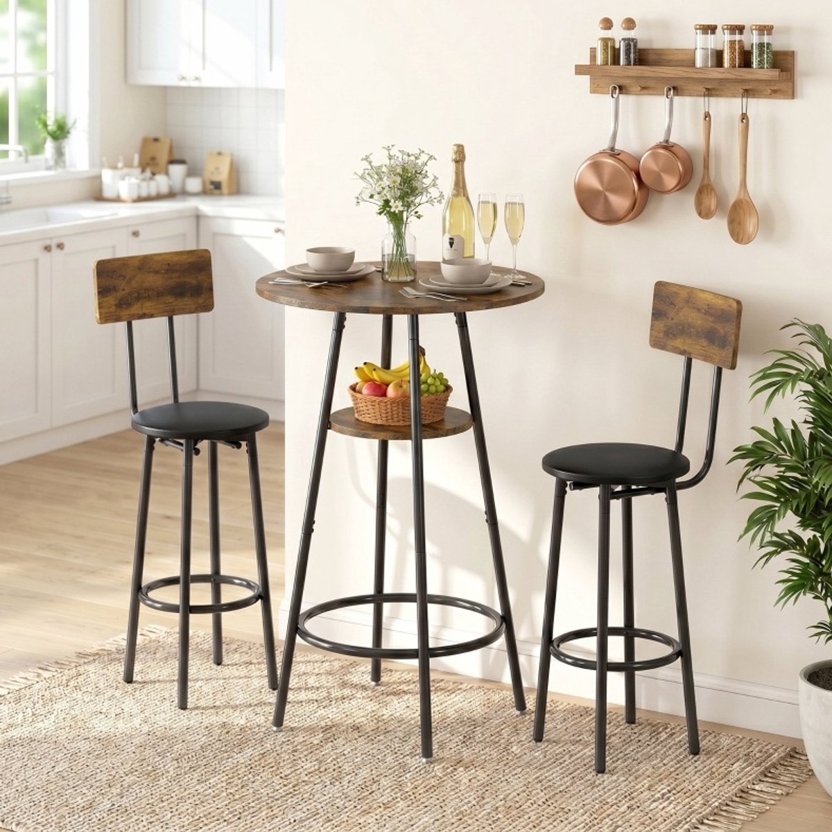 FloraGrace Bar Tafel En Stoelen Set - Industrieel Design Met 2 Barkrukken En Voetensteun - Voor Keuken En Kleine Ruimtes - Hout En Metaal - Rustiek Bruin - 60 X 60 X 91 Cm