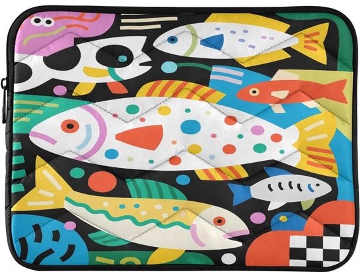 Laptop Sleeve - Notebook Protector - Veilig Transport - Zacht Gewatteerd - 15-16 Inch - Abstracte Vis Zwart